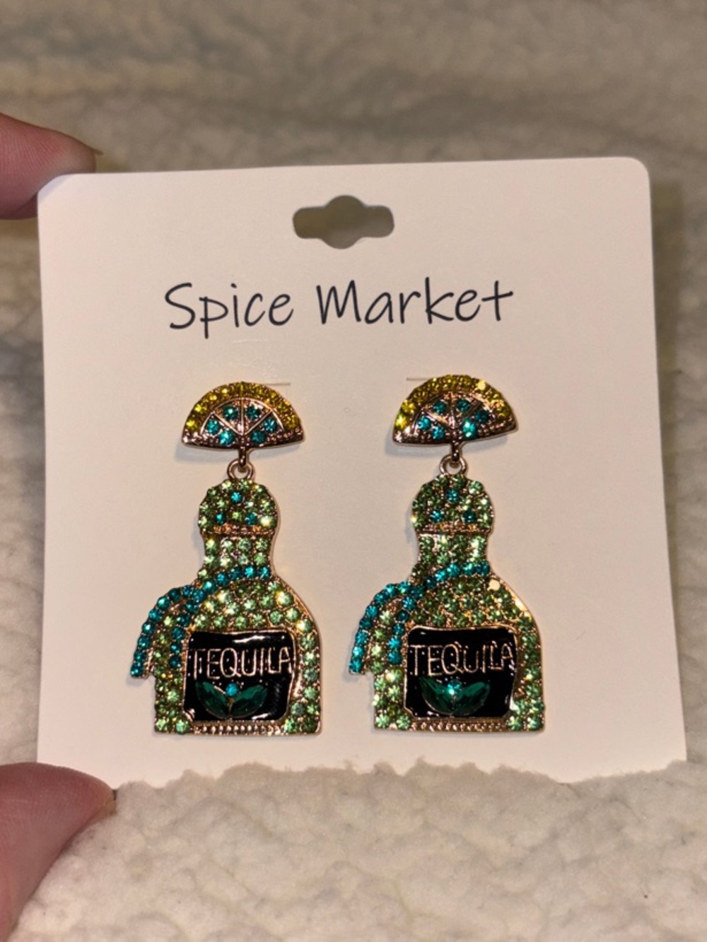 NEW-Spice Market-Tequila Bottle-Dangle Earrings-Sparkling Glass Stones-PostBacks
